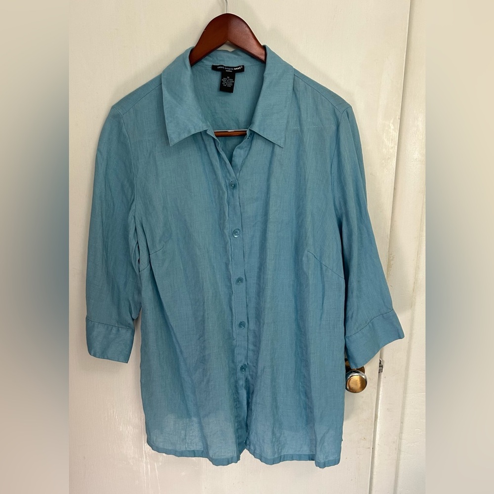 St. Tropez West Top 100% Linen Tunic Shirt Womens Plus 1X Blue 3/4 Sleeves